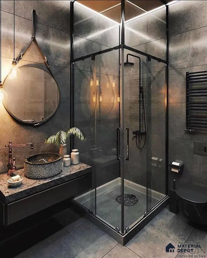 A bathroom with a large tub in the middle of the room and two sinks and two sinks on the wall next to a bathtub in front of a large window that has a wooden stool in a window